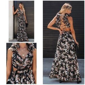 NWT VICI Collection Phillips Floral Chiffon Ruffle Lace Up Back Maxi Dress  S‌